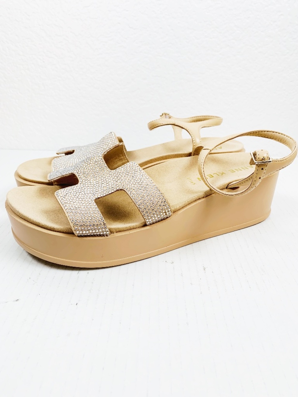 Anne Klein Virginia Rhinestone Platform Wedge Sandals Tan Beige 11M AKVIRGINIA